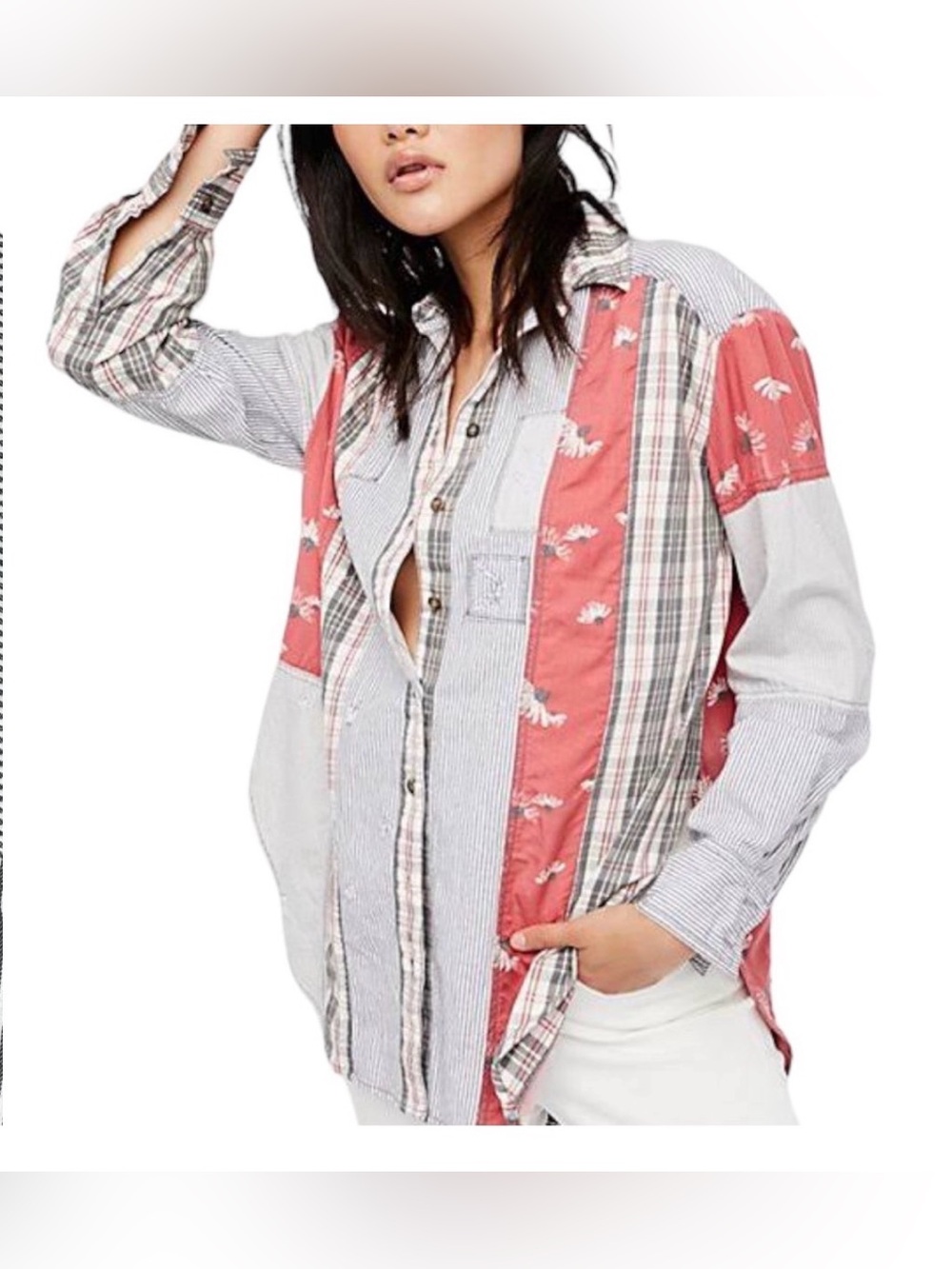 Free People All Patched Up Button Down Shirt Patchwork Plaid Floral Oversized M - Picture 3 of 15